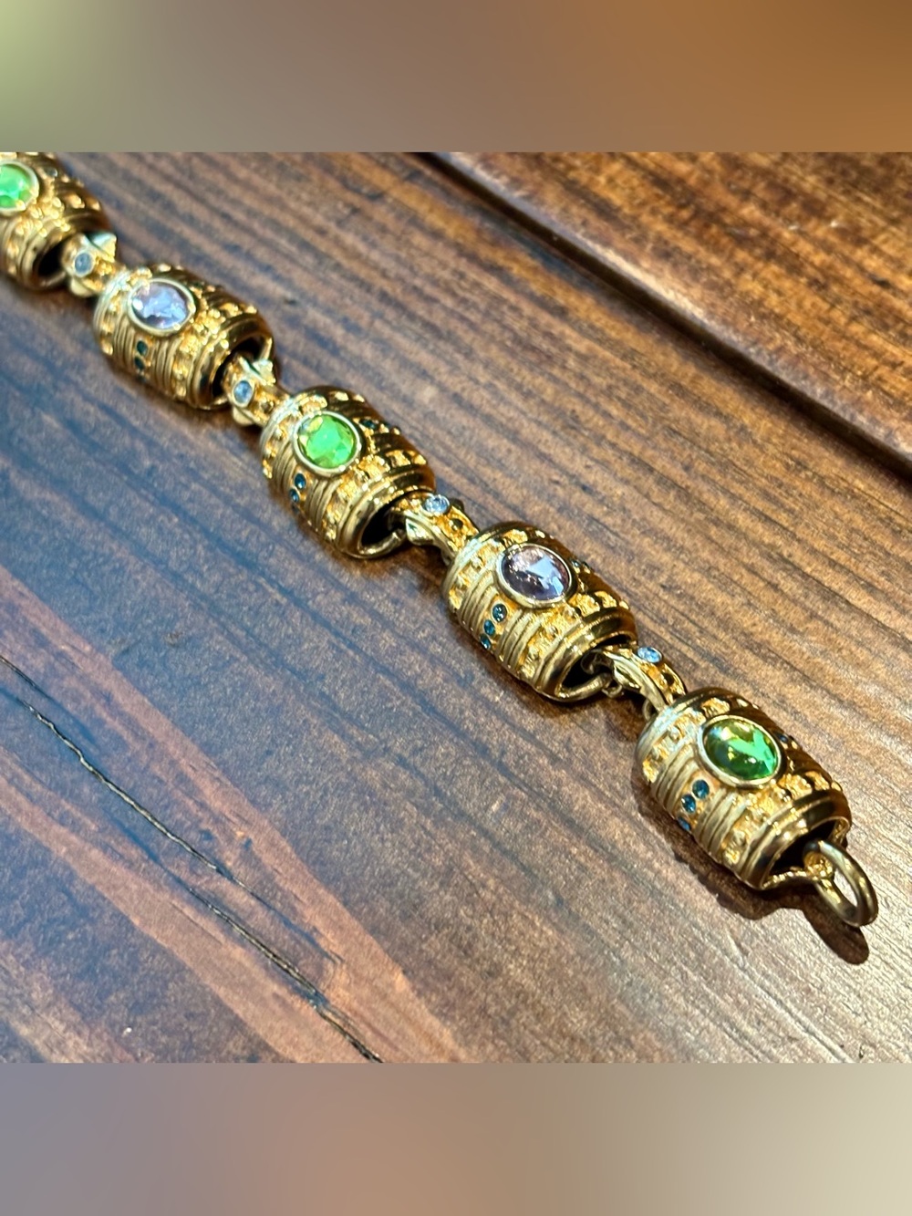 Vintage Premier Designs Gold Bracelet Barrel Links Green Pink Rhinestones - Picture 4 of 10
